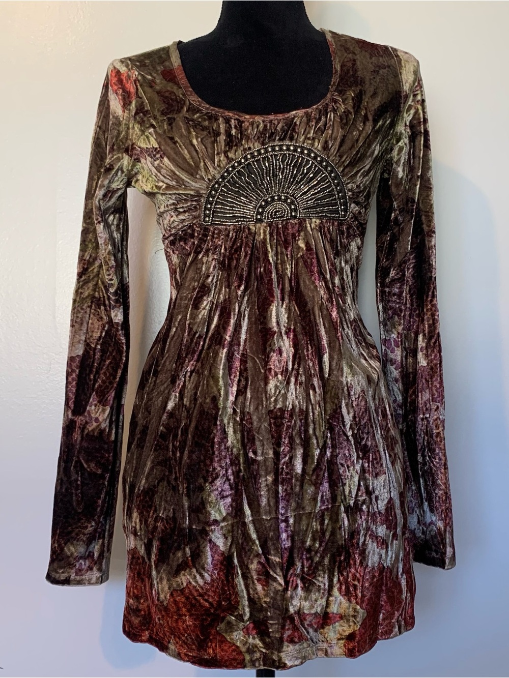 ONE WORLD Olive and Burgundy Velvet Tunic Top with Beaded Accent